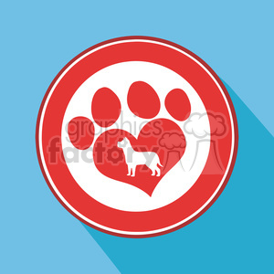 The clipart image depicts a stylized animal paw print, which consists of a larger round pad and four smaller circular toe pads, all within a circular frame. Inside the large round pad, there's a heart-shaped design containing the silhouette of a dog. The image uses a simple two-color scheme with a red and white color palette, set against a blue background.