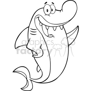 The image appears to be a black and white line art clipart of a cartoon shark. The shark has a large exaggerated smile with prominent teeth, wide-open eyes conveying a humorous or friendly expression, pectoral fins, a dorsal fin, and a tail fin.