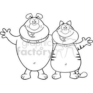 The clipart image features a cartoon-style illustration of two friendly and happy-looking animals: a dog and a cat. Both animals are standing upright in a bipedal fashion and have large smiles on their faces, displaying a playful and welcoming demeanor. They are drawn in a simple black and white line art style, suitable for coloring activities.