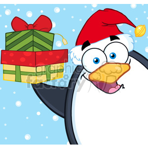 The clipart image features a cartoon penguin wearing a red Christmas Santa hat. The penguin appears to be cheerful and is holding a stack of colorful wrapped Christmas gifts—one red, one green, and one yellow, all tied with red ribbons. The background is a wintery blue with white snowflakes falling. It conveys a festive, winter holiday scene, often associated with Christmas and the giving of gifts.