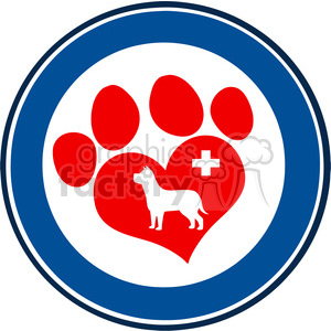 The clipart image features a blue and white circular emblem with a red heart at the center. Inside the heart, there is a white silhouette of a dog and a white medical cross symbol. The emblem also has a larger paw print with four toes filling the space around the heart, suggesting a theme of veterinary care or love for animals, particularly dogs.