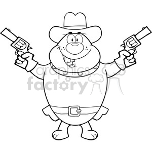 The clipart image features a humorous depiction of a dog character dressed as a cowboy. The dog is standing on its hind legs and is wearing a cowboy hat, bandana, a belt with a buckle, and is holding a pistol in each hand. The dog has a large nose, floppy ears, a smiling face, and a chubby build. The image is in black and white, suggesting it may be intended for coloring or use as a simple graphic in various materials.