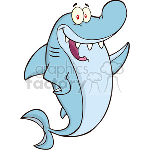 The image is a cartoon illustration of a happy, smiling shark. The shark is depicted in a humorous and friendly manner with exaggerated facial features that include large, googly eyes and a wide, open smile revealing a row of sharp teeth.