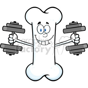   The image depicts a cartoon bone character with human-like features, such as eyes and a mouth, lifting weights. It