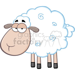 The image is a cartoon illustration of a sheep with a comically large, fluffy white body and prominent swirl patterns. The sheep has a tan face with a bemused expression, large eyes with glasses, and a small nose. It is standing upright on four skinny legs with black hooves.
