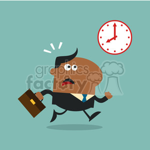 8274 Royalty Free RF Clipart Illustration Hurried African American Manager Running Past A Clock Modern Flat Design Vector Illustration