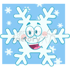 A cheerful cartoon snowflake with a smiling face against a blue background featuring other snowflakes.