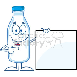   Royalty Free RF Clipart Illustration Smiling Milk Bottle Cartoon Mascot Character Showing A Blank Sign 