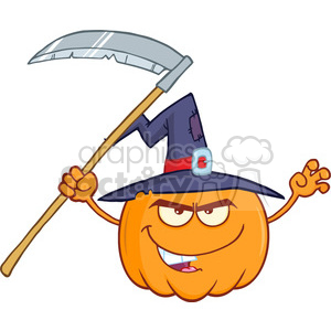   Royalty Free RF Clipart Illustration Scaring Halloween Jackolantern Pumpkin With A Witch Hat And Scythe Cartoon Mascot Character 