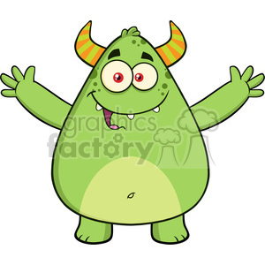 8929 Royalty Free RF Clipart Illustration Happy Horned Green Monster Cartoon Character With Welcoming Open Arms Vector Illustration Isolated On White