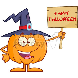 8896 Royalty Free RF Clipart Illustration Happy Witch Pumpkin Cartoon Character Holding Up A Blank Wood Sign With Text Vector Illustration Isolated On White