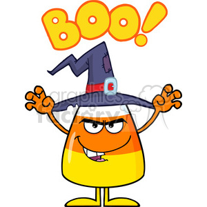 8882 Royalty Free RF Clipart Illustration Scaring Halloween Candy Corn With A Witch Hat And Text Vector Illustration Isolated On White