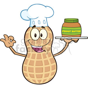 8744 Royalty Free RF Clipart Illustration Chef Peanut Cartoon Mascot Character Holding A Jar Of Peanut Butter Vector Illustration Isolated On White