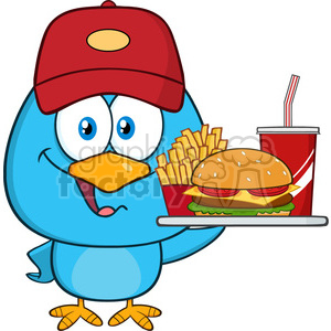   8827 Royalty Free RF Clipart Illustration Cute Blue Bird Cartoon Character Holding A Platter With Burger, French Fries And A Soda Vector Illustration Isolated On White 
