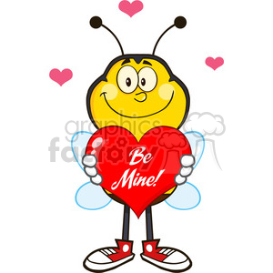 8381 Royalty Free RF Clipart Illustration Smiling Bee Cartoon Mascot Character Holding Up A Red Heart With Text Vector Illustration Isolated On White