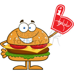 8574 Royalty Free RF Clipart Illustration Smiling Hamburger Cartoon Character Showing A Number 1 Foam Finger Vector Illustration Isolated On White