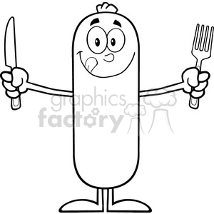8435 Royalty Free RF Clipart Illustration Black And White Hungry Sausage Cartoon Character With Knife And Fork Vector Illustration Isolated On White
