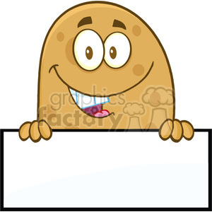 8784 Royalty Free RF Clipart Illustration Smiling Potato Cartoon Character Over A Blank Sign Vector Illustration Isolated On White
