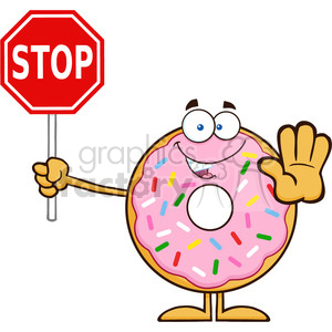 8668 Royalty Free RF Clipart Illustration Smiling Donut Cartoon Character With Sprinkles Holding A Stop Sign Vector Illustration Isolated On White