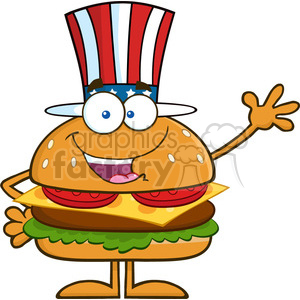 8581 Royalty Free RF Clipart Illustration American Hamburger Cartoon Character With Patriotic Hat Waving Vector Illustration Isolated On White