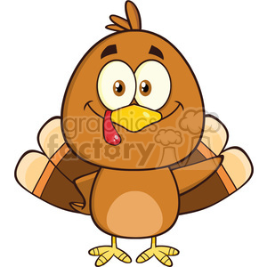 A cheerful cartoon turkey character with expressive eyes and a smiling expression, representing a Thanksgiving theme.