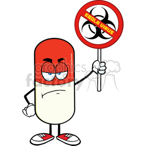 A cartoon pill character holding a sign with a biohazard symbol and text saying 'Ebola Virus'.