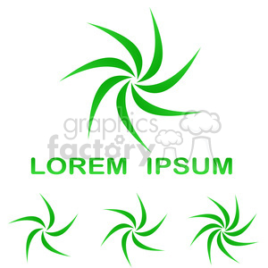 This clipart image features a green abstract swirl design with multiple curving blades. The phrase 'Lorem Ipsum' is in bold green text beneath the main swirl. Additionally, there are three smaller versions of the swirl pattern beneath the text.