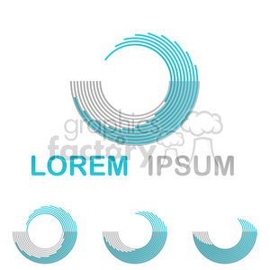 A clipart image featuring a circular, arc-like design composed of alternating blue and gray lines. The text 'LOREM IPSUM' is written below the design, with 'LOREM' in blue and 'IPSUM' in gray. The design is repeated three smaller times below the text, slightly tilted in different directions.