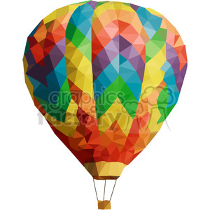 A colorful geometric polygon art illustration of a hot air balloon, featuring vibrant shades of red, orange, yellow, green, blue, and purple.