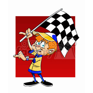   The clipart image depicts a cartoon character named "Josh," who appears to be a child or kid, holding a checkered flag. The checkered flag is typically used in racing as a signal for the end of the race. Therefore, it suggests that Josh is celebrating the end of a race or victory in a race. The image also includes a background with a finish line and a red and white checkered pattern commonly associated with racing.
 