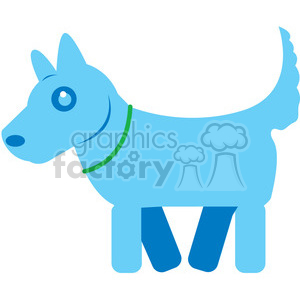 This clipart image features a stylized representation of a blue dog with a green collar. The dog is depicted in a simple, cartoonish manner with a solid blue color filling its body and a slightly lighter blue forming a shadow effect on its belly and tail. The dog's eyes are large and round, and it has a simplistic facial expression.