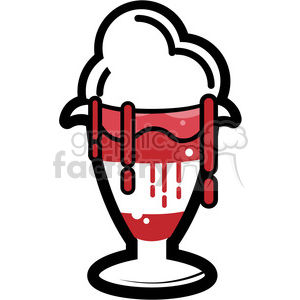 Illustration of a delicious ice cream sundae with white ice cream and red syrup dripping down the sides.