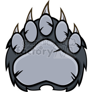 The clipart image depicts a stylized bear paw print. It features a large central pad with a smooth contour and five toe pads, each marked with a sharp claw. The style appears bold and cartoonish with thick outlines, making it suitable for logos or mascots relating to bears or wildlife.