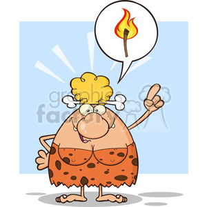 smiling cave woman cartoon mascot character with good idea vector illustration with speech bubble and fiery torch