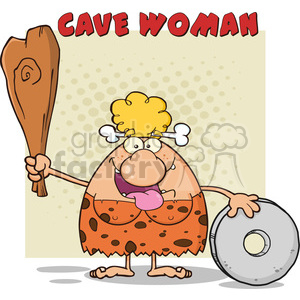 Funny Cartoon Cavewoman with Club and Stone Wheel