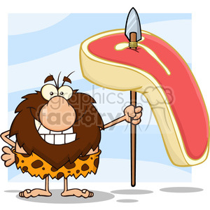 smiling male caveman cartoon mascot character holding a spear with big raw steak vector illustration