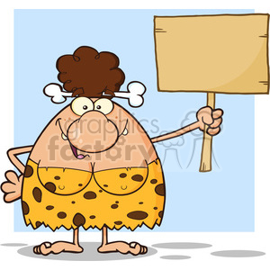 A cartoon cavewoman with curly hair and a bone in her hair, holding a blank wooden sign. She is wearing a leopard-print dress.