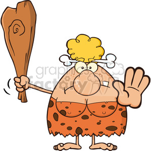 Cartoon illustration of a female caveman character holding a club and wearing a bone in her hair.