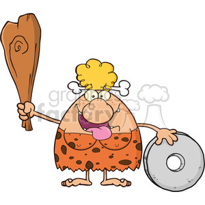 A cartoon caveman with a bone in his hair, holding a wooden club and a stone wheel, wearing a leopard-patterned loincloth.