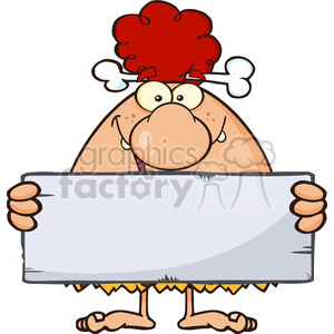 funny red hair cave woman cartoon mascot character holding a stone blank sign vector illustration