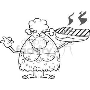 A humorous cartoon illustration of a female cavewoman holding a large, steaming steak. She is dressed in a traditional stone age outfit with a bone in her hair.