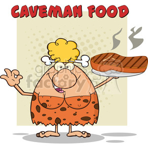 chef cave woman cartoon mascot character holding a big steak and gesturing ok vector illustration with text caveman food