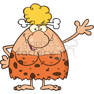 A cartoon illustration of a cavewoman with a large nose, wearing a bone in her hair and a spotted orange dress, waving cheerfully.