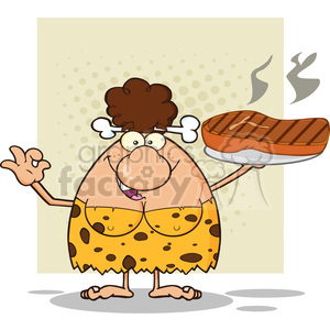 A humorous cartoon of a cavewoman holding a steak, wearing a spotted outfit with a bone in her hair.