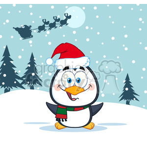 A cute penguin wearing a Santa hat and scarf standing in a snowy landscape with pine trees. Santa's sleigh with reindeer is silhouetted in the background.