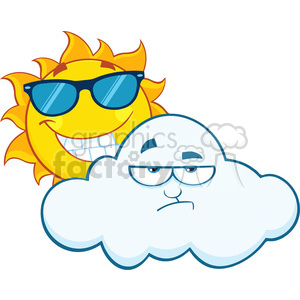 royalty free rf clipart illustration smiling summer sun with sunglasses and grumpy cloud mascot cartoon characters vector illustration isolated on white background