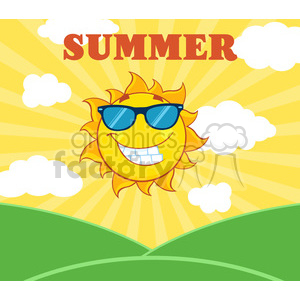   royalty free rf clipart illustration sunshine smiling sun mascot cartoon character with sunglasses over landscape vector illustration with suburst background and text summer 