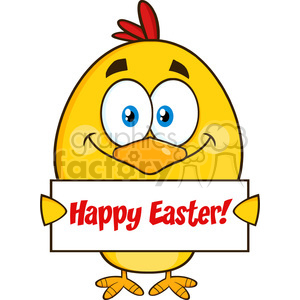 royalty free rf clipart illustration smiling yellow chick cartoon character holding a happy easter sign vector illustration isolated on white
