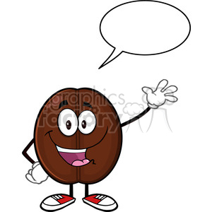 illustration happy coffee bean cartoon mascot character waving with speech bubble vector illustration isolated on white