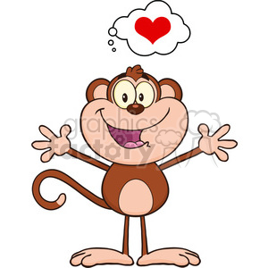 A playful cartoon monkey with a happy expression, arms outstretched, and a thought bubble above its head featuring a red heart.